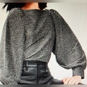 Loft Shimmering Silver Blouse with Puff Sleeves